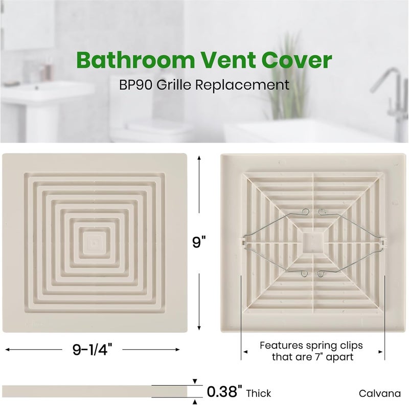 Calvana (2-Pack) BP90 Bathroom Exhaust Fan Cover, 9-1/4" x 9" Vent Cover Replacement, Compatible with Broan-NuTone, Square Ceiling or Wall-Mount, Fits Models BP46 663 670 671 675 688 689, White - Image 2